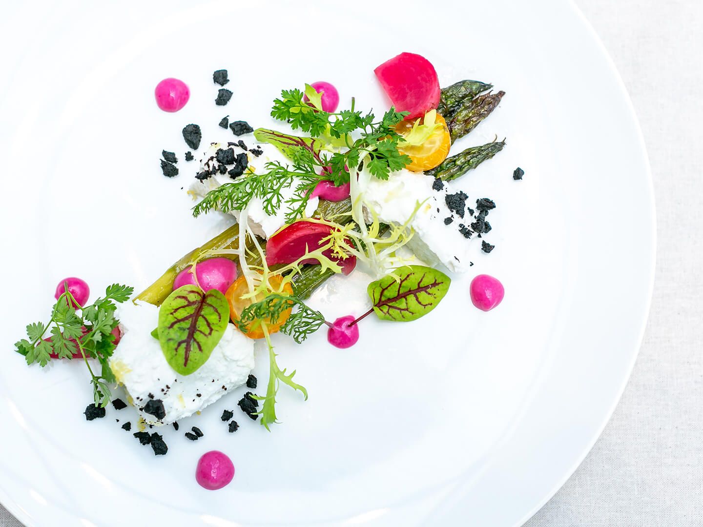Asparagus with white cheese, edible flowers, herbs, and pink sauce dots on white plate