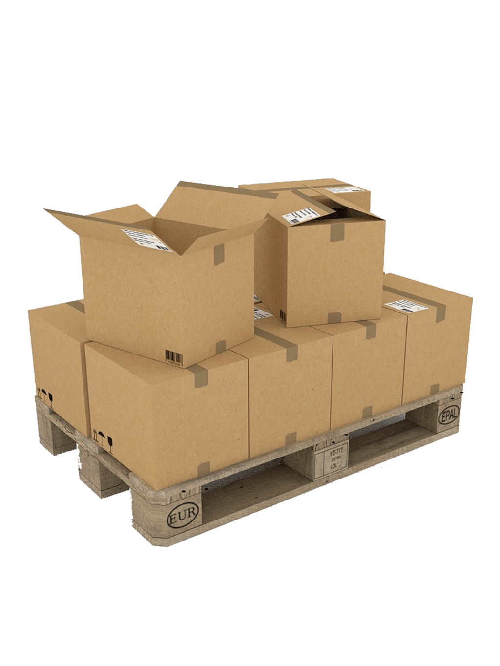 Stack of sealed and open cardboard boxes on a wooden pallet with shipping labels