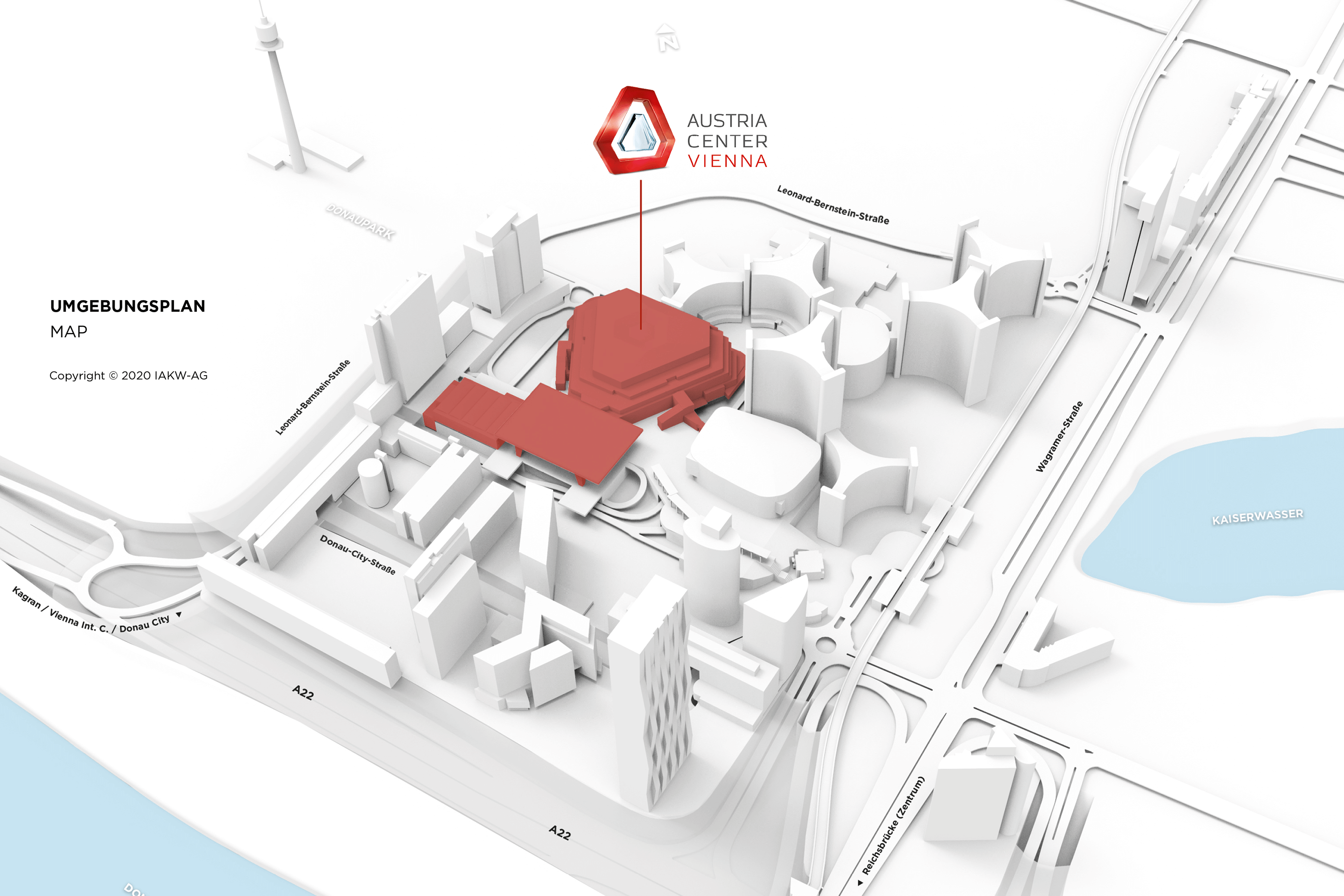3D-Plan mit markiertem Austria Center Vienna und umliegenden Straßen und Gebäuden