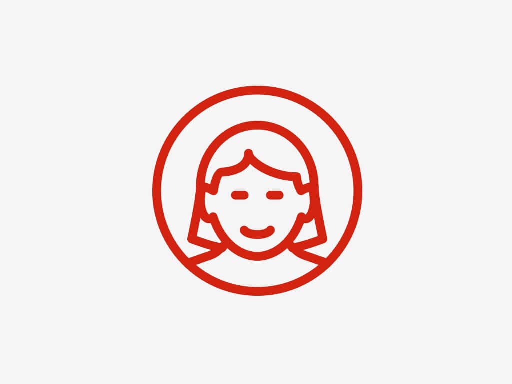 Red line icon of a smiling person with medium-length hair inside a circle