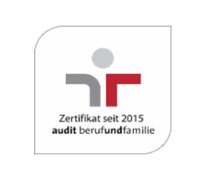 Certificate since 2015 audit berufundfamilie logo with gray and red shapes