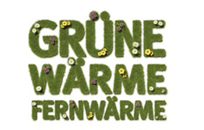 Green warm district heating spelled with grass letters decorated with small flowers