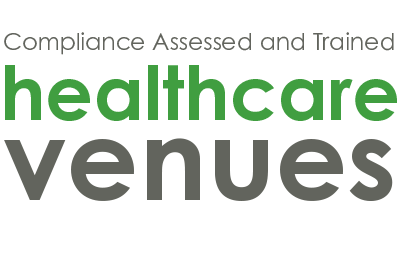 Compliance Assessed and Trained healthcare venues text in green and gray letters