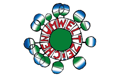 Green circle with red letters spelling "UMWELTTECHNIK" surrounded by smaller blue and green circles