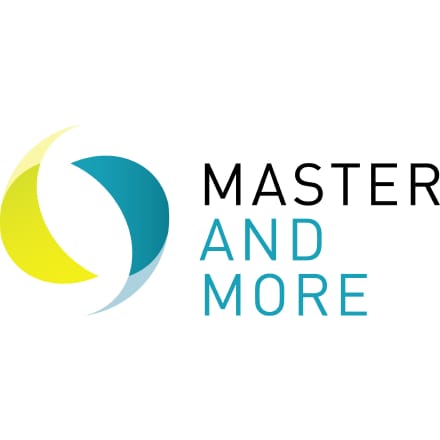 Abstract yellow and blue shapes next to the text "MASTER AND MORE" in black and blue letters