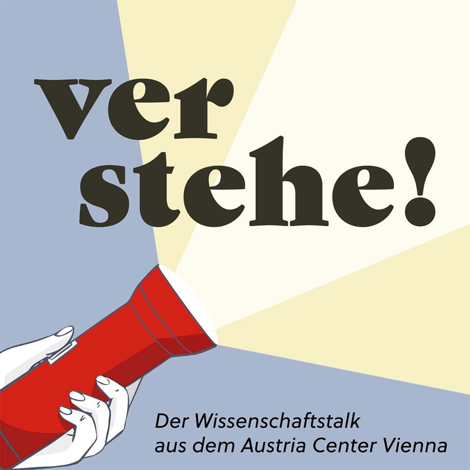 Hand hält rote Taschenlampe, Lichtstrahl beleuchtet Wort „verstehe!“ und Text zum Wissenschaftstalk.
