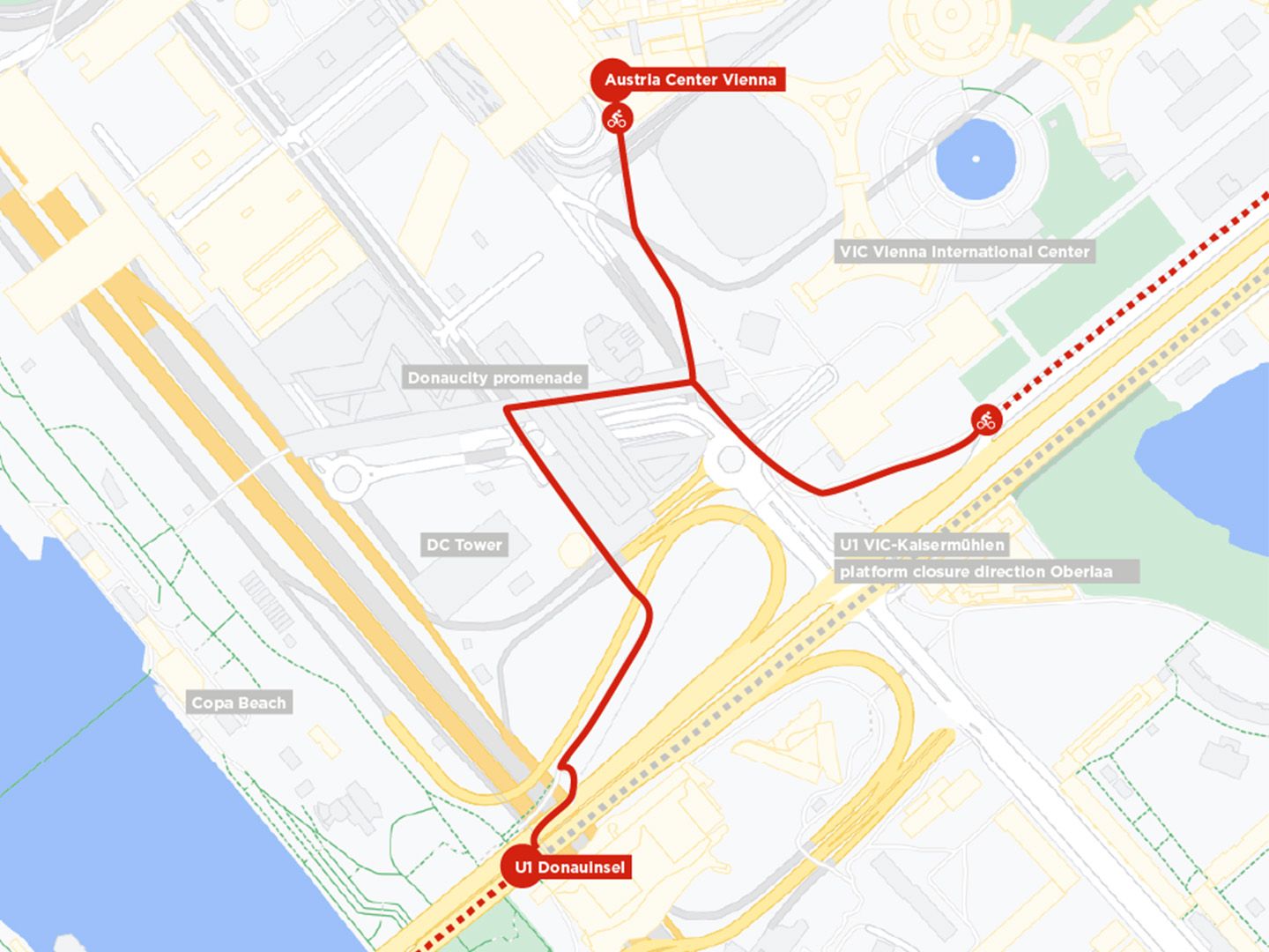 Fahrradroute von U1 Donauinsel zum Austria Center Vienna mit Umweg über Donaucity promenade