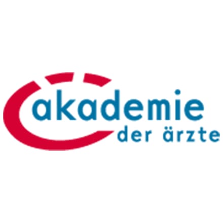 Logo with red curved shape and blue text "akademie der ärzte" on white background