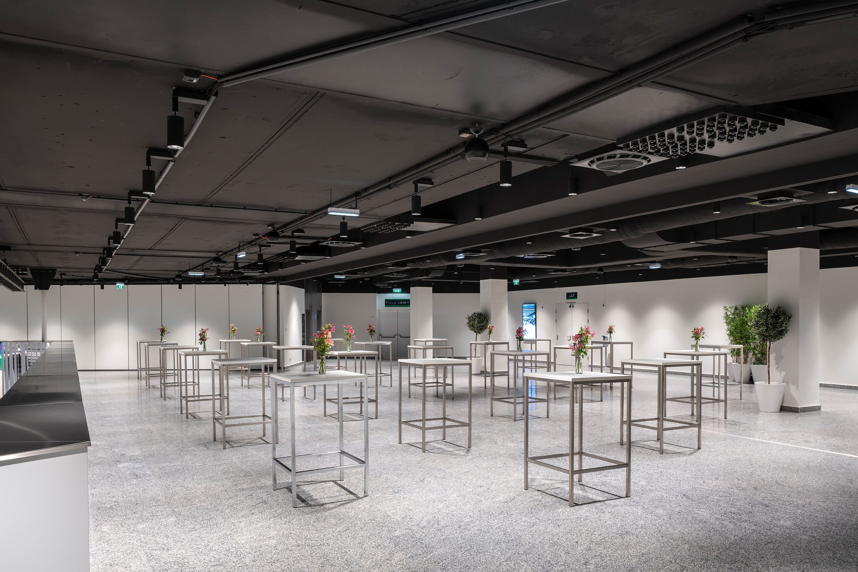 Foto: weißes Foyer mit Hochtischen, Blumenschmuck, dunkle Decke