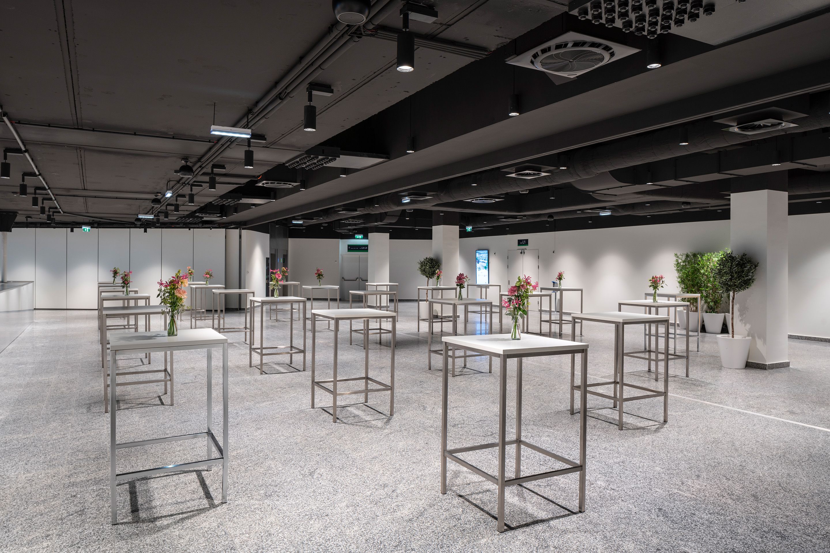 Foto: weißes Foyer mit Hochtischen, Blumenschmuck, dunkle Decke