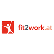 Logo mit rotem Quadrat und Schriftzug fit2work.at in Grau und Orange