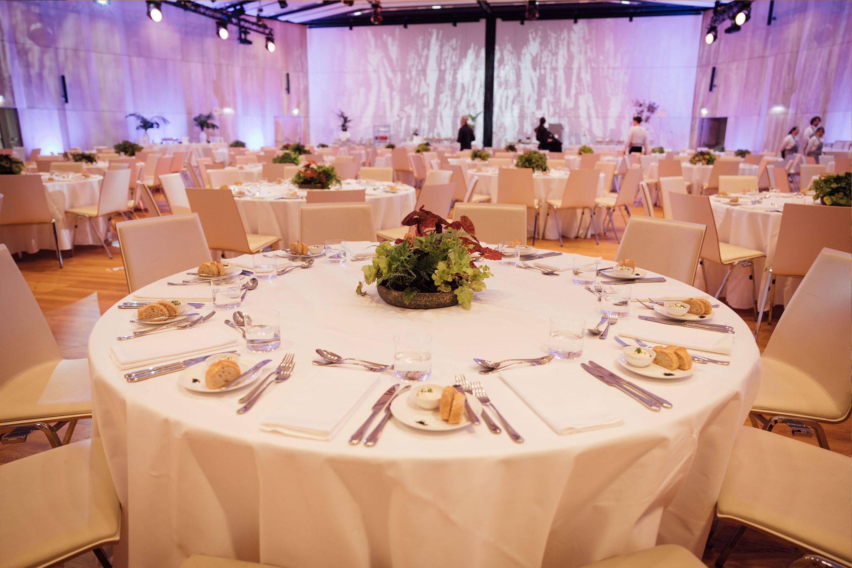Round banquet table set with plates, cutlery, glasses, and a plant centerpiece