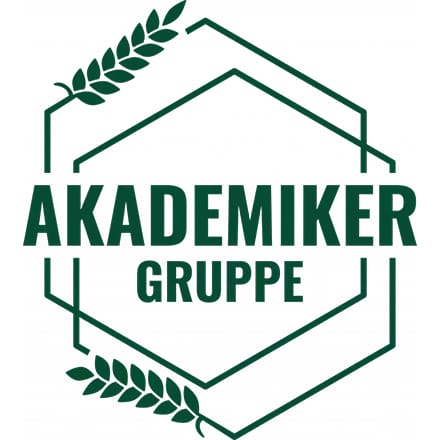 Logo mit grünem Hexagon, Schrift „AKADEMIKER GRUPPE“ und zwei Ährenzweigen.
