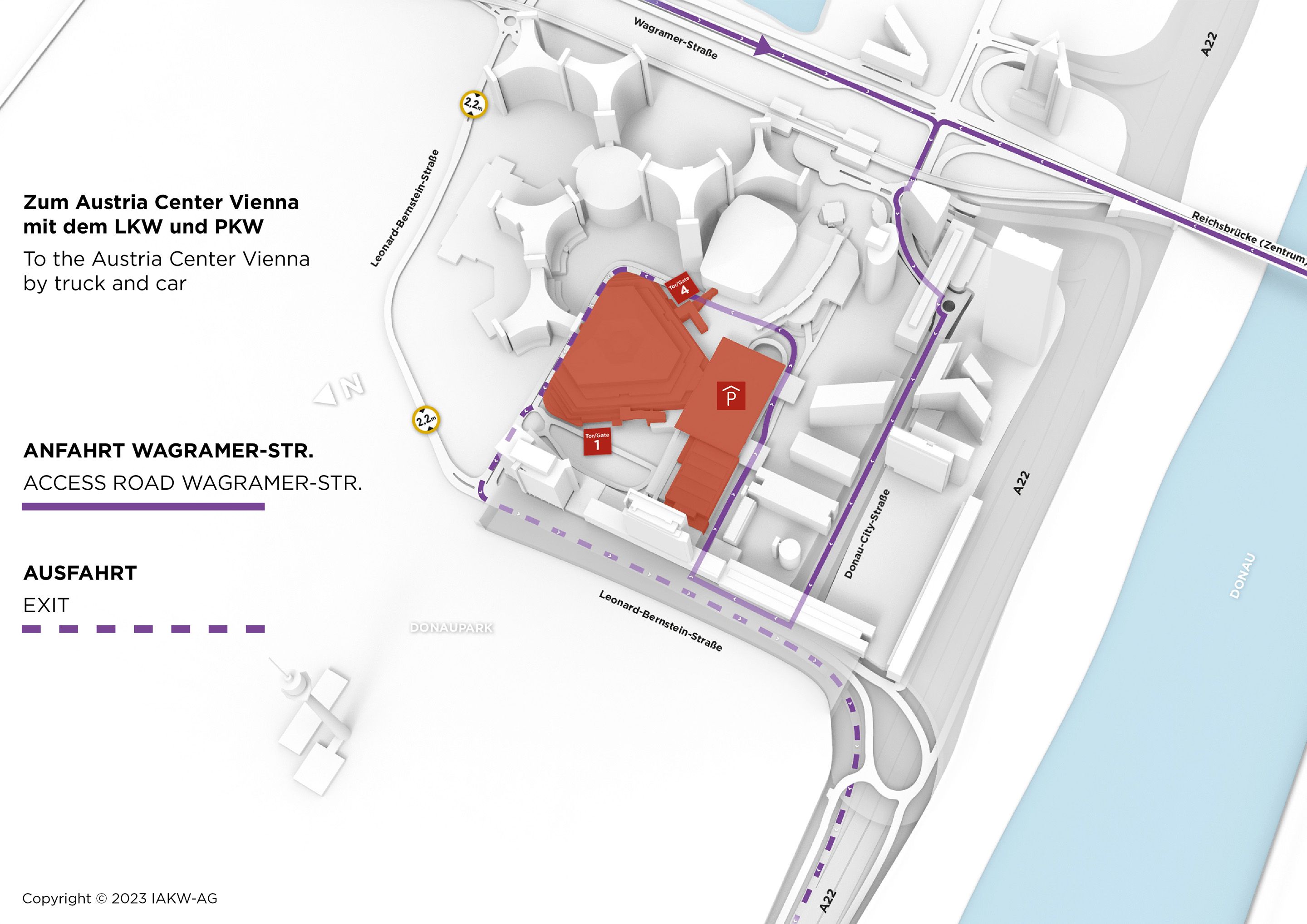 Lageplan mit Zufahrts- und Ausfahrtswegen zum Austria Center Vienna, Straßen und Donau dargestellt.
