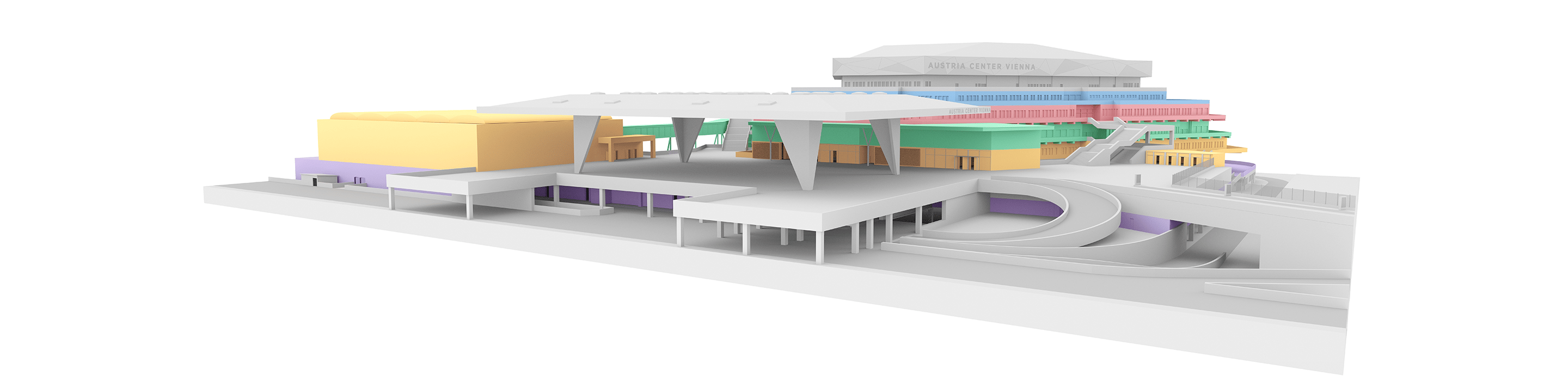 3D architectural model of a multi-level building with colored sections and ramps