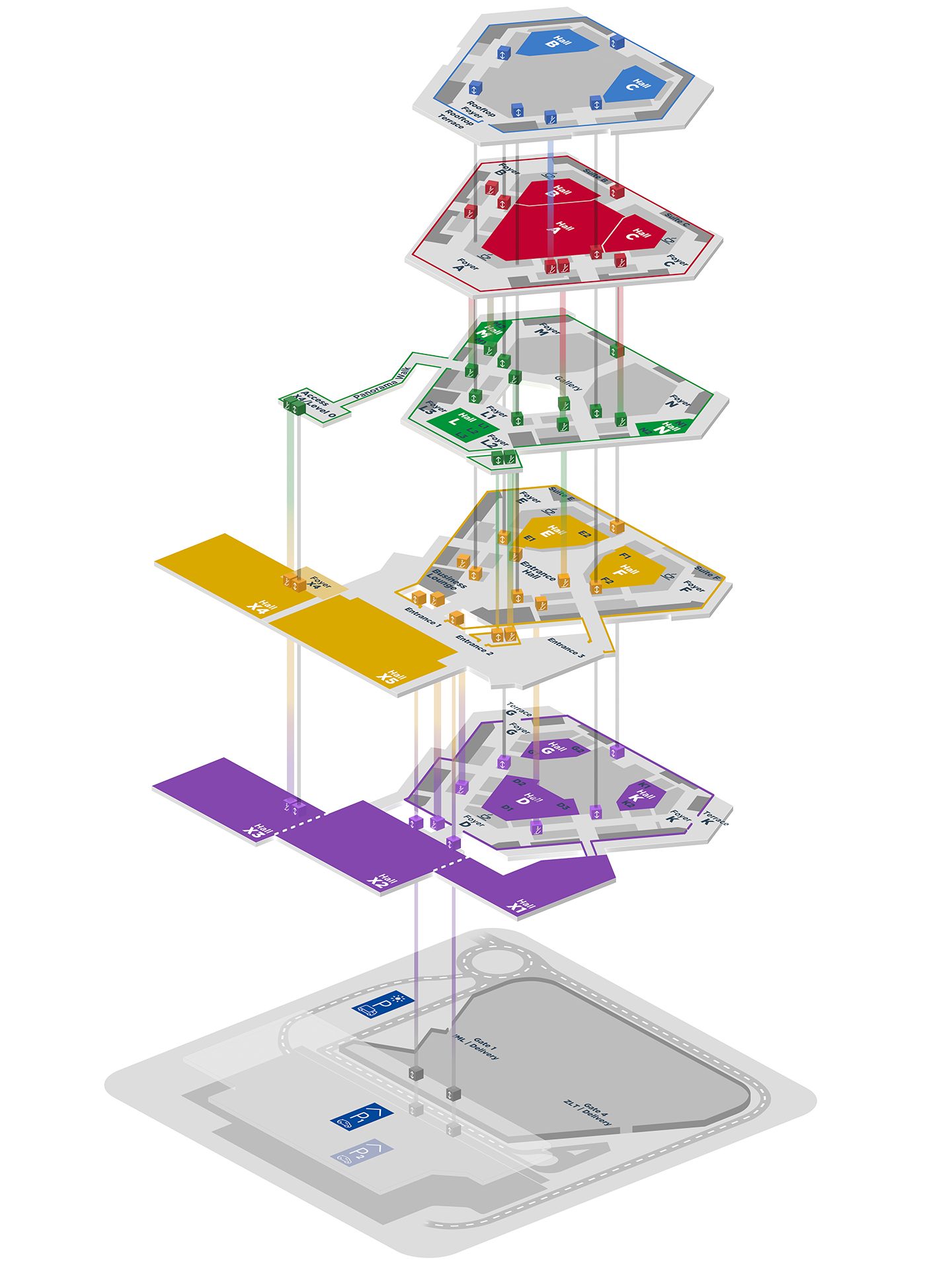 Multi-level building map with color-coded floors and parking areas labeled P1 and P2.