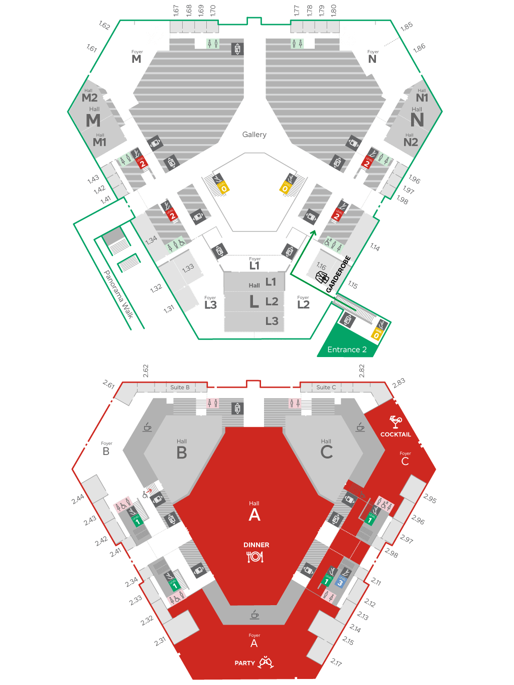 Grundriss mit Hallen A, B, C, L1-L3, M1-M2, N1-N2, Eingängen, Toiletten und Bereichen für Dinner, Party und Cocktail.