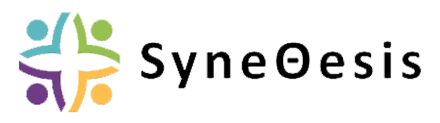 Colorful abstract human figures forming a circle next to the word syneOesis