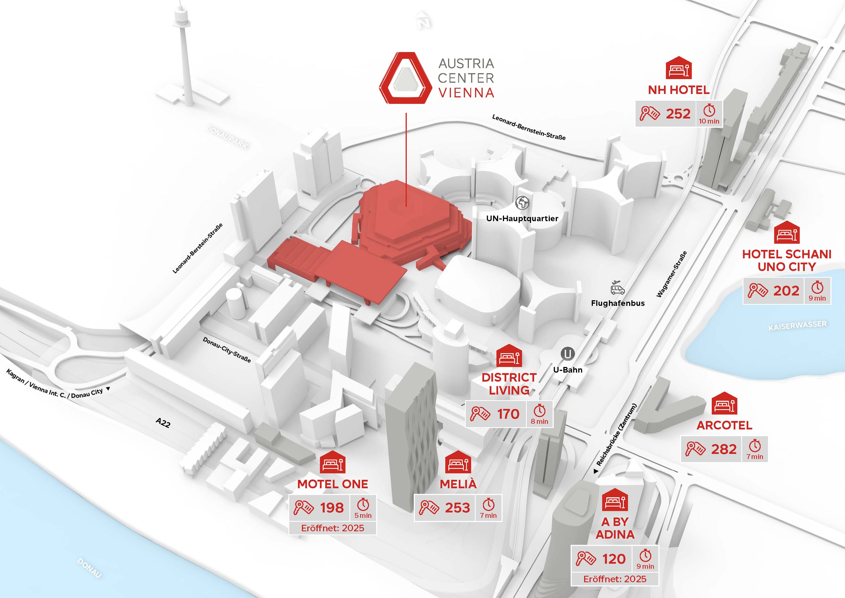 Karte die verschiedene Locations von Hotels in der Umgebung des Austria Center Vienna zeigt