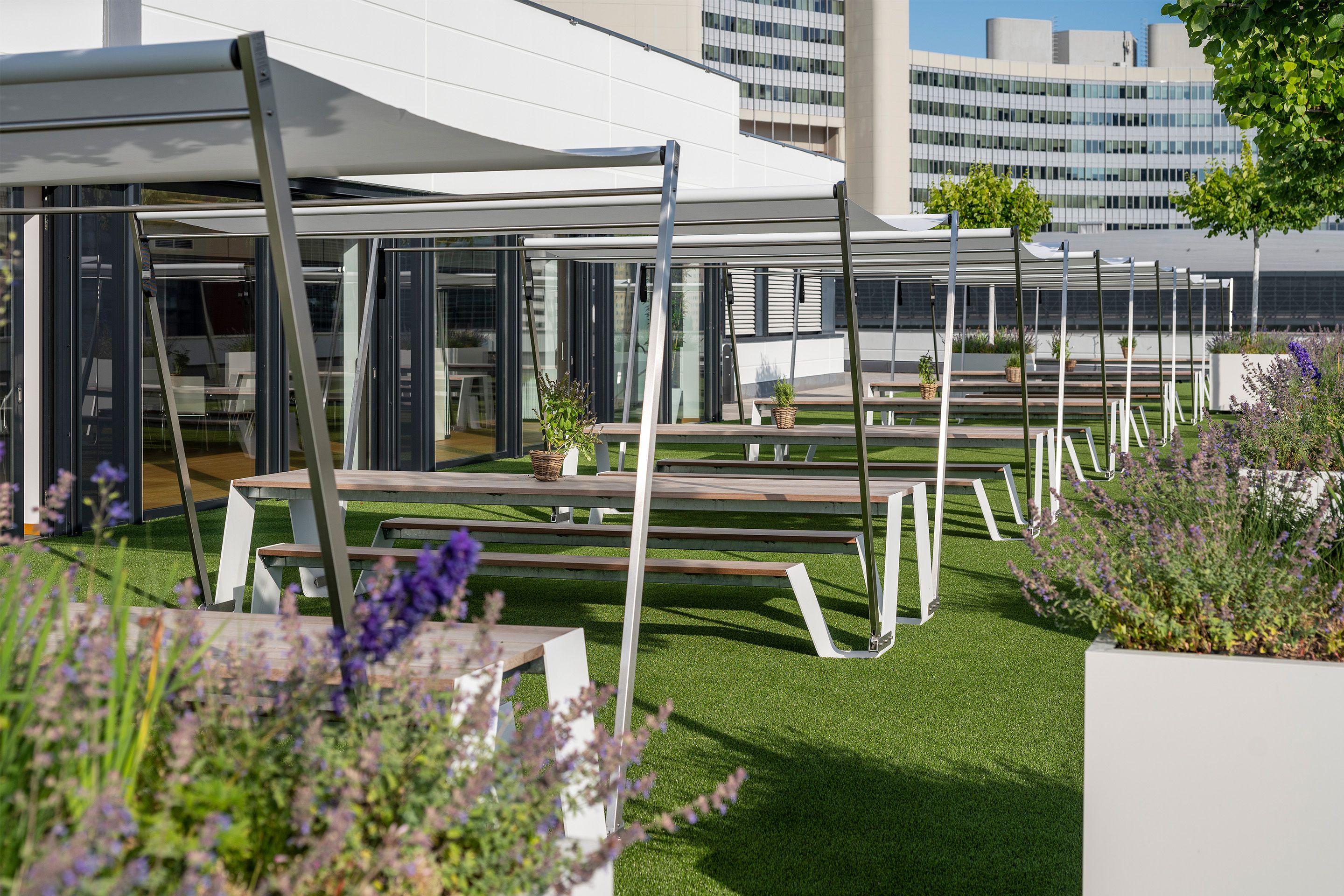 Rooftop Terrasse mit grünem Rasen und Blumen im Austria Center Vienna