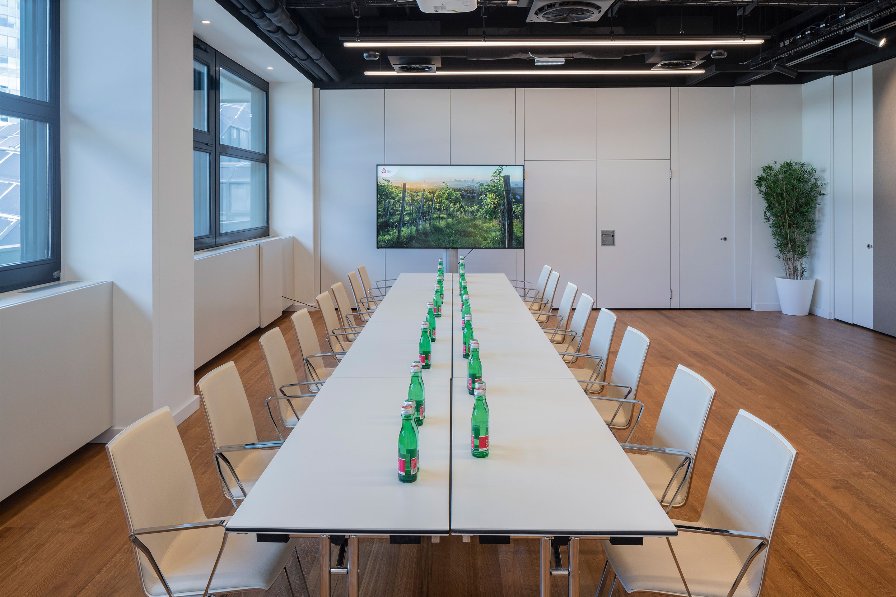 Foto: Raum mit TV Monitor, Tisch und Stühlen, Fenstern