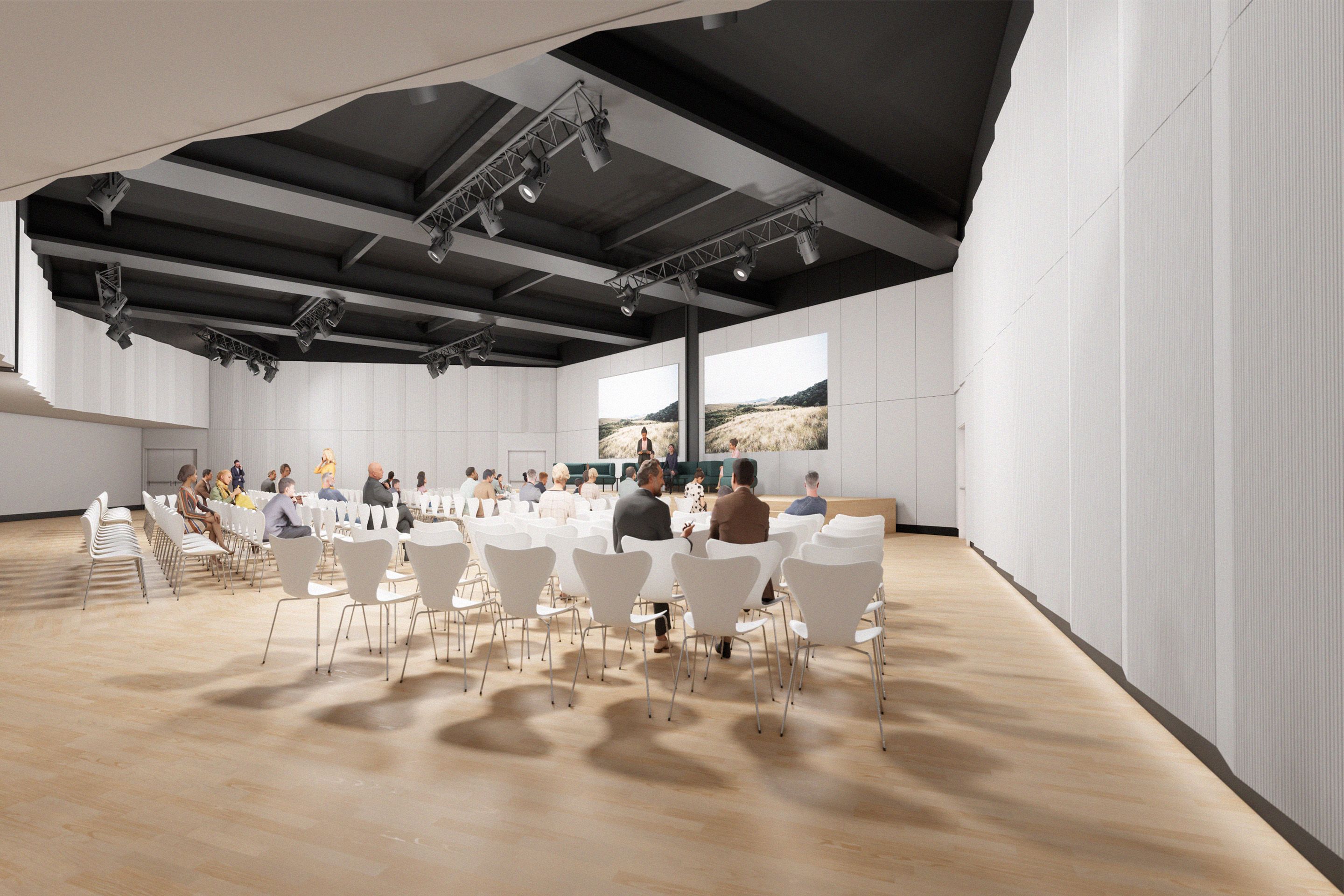 Rendering Bild zeigt Vortragsraum mit dunkler Decke, Leinwand mit Buehne, Sitzreihen sowie Vortragende und Gaeste