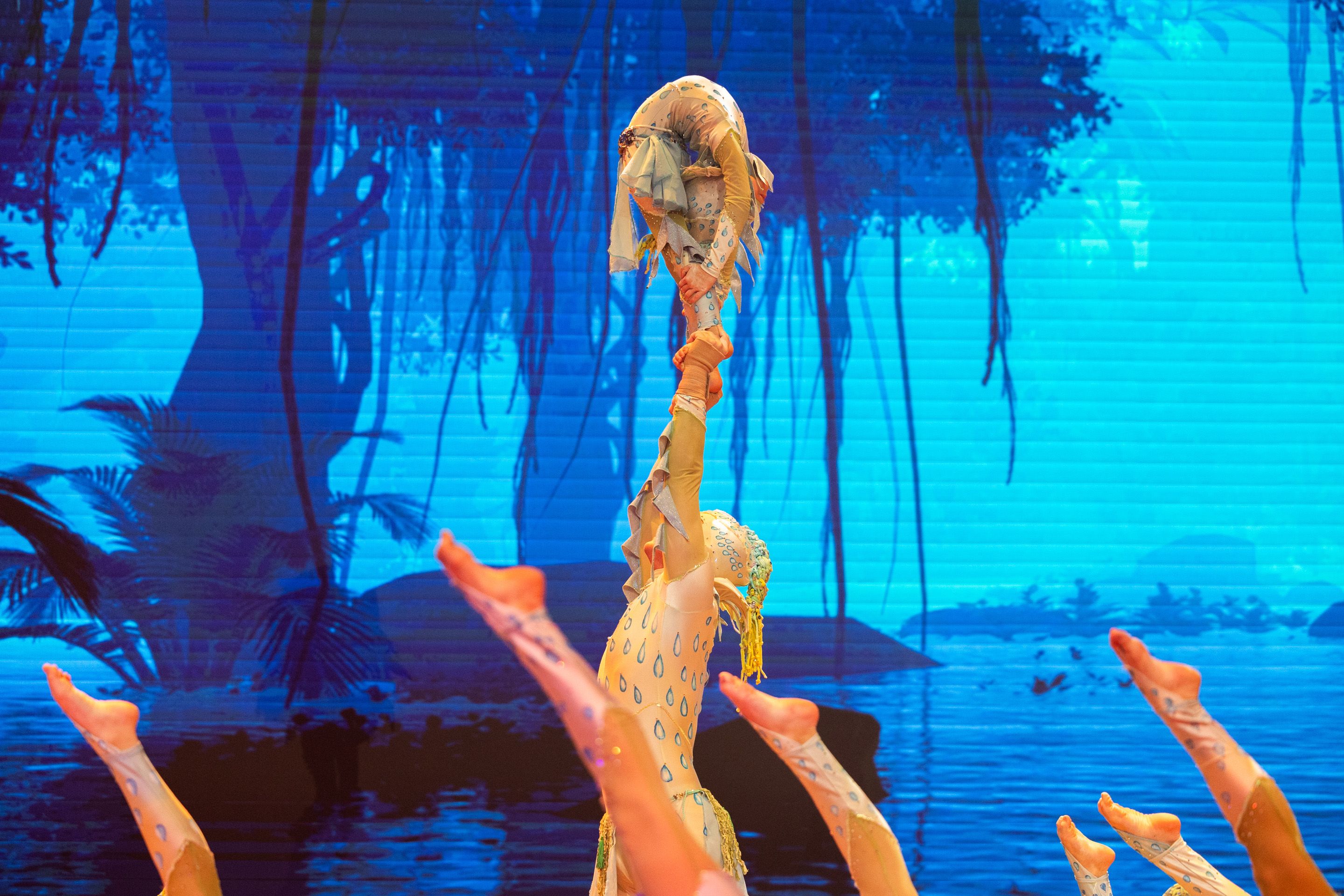 Foto: Akrobatik Taenzer in Kostuemen bei ihrer Auffuehrung