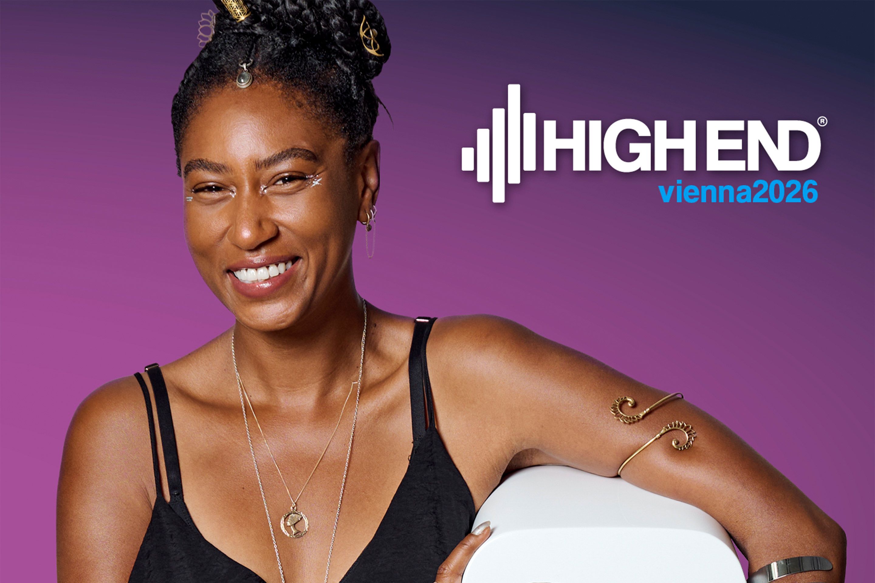 Woman against purple background with High End Vienna 2026 logo